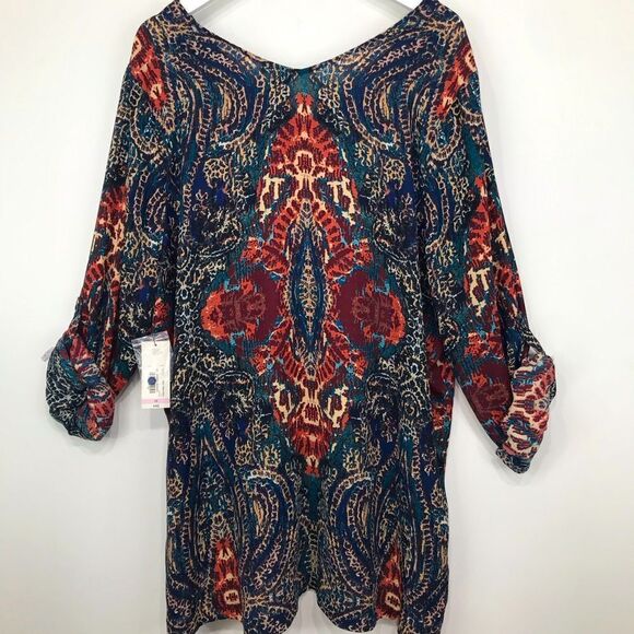 ANA Jewel tone Paisley Print Lightweight Flowy V Neck Roll Sleeve Blouse NEW - Picture 5 of 16